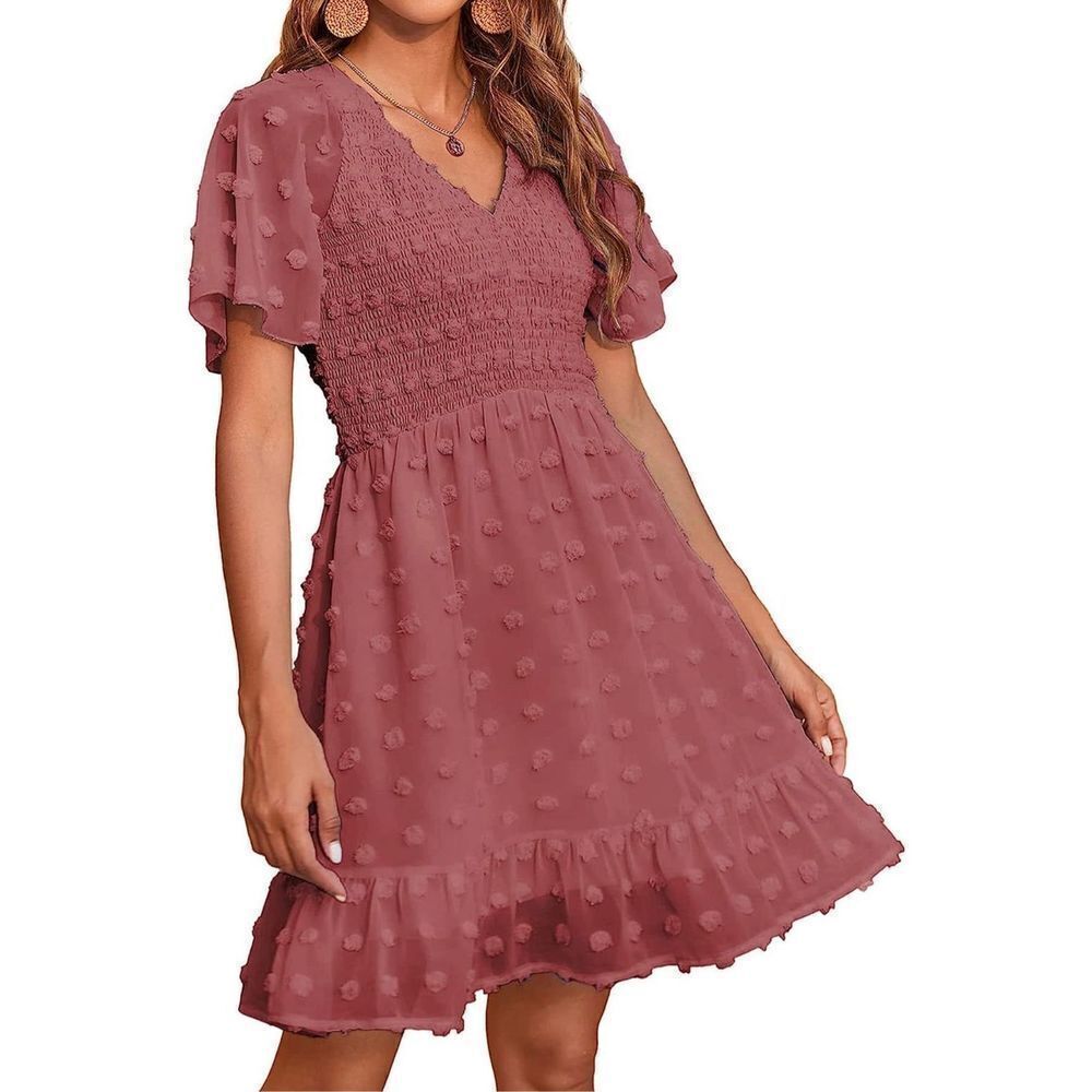 BTFBM L/S V Neck Smocked Dress Flowy Swiss Dot Ruffle Mini M